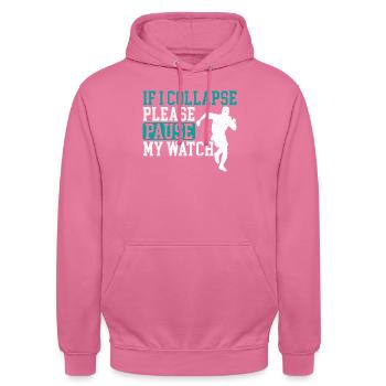 Si je m’effondre s’il vous plaît arrêtez ma montre Funny Runner - Sweat-shirt à capuche unisexe - rose - Devant - Alina (178cm) & Michal (187cm)