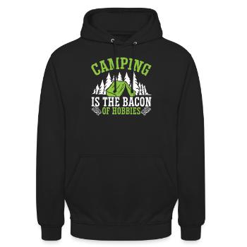 Camping und Bacon Meat Camp Camper Ich liebe Speck - Unisex Hoodie - Schwarz - Vorne - Alina (178cm) & Michal (187cm)