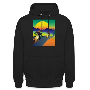 Vaporwave Aesthetic Sonnenuntergang Berge - Unisex Hoodie - Schwarz - Vorne - Alina (178cm) & Michal (187cm)