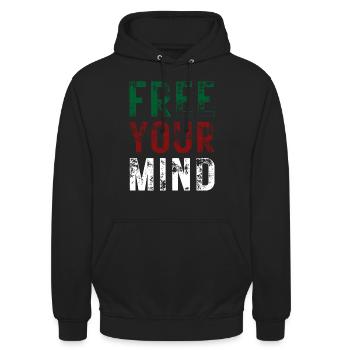 FREE YOUR MIND – Farbe Grün, Rot, Weiß - Unisex Hoodie - Schwarz - Vorne - Alina (178cm) & Michal (187cm)