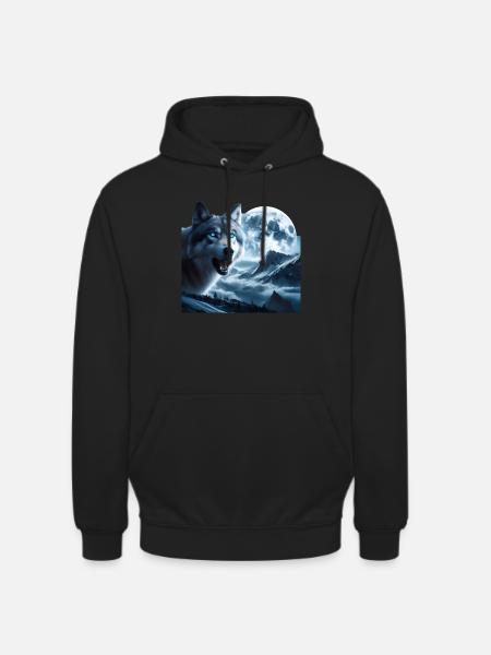 Lupo con gli occhi azzurri alla luna piena - Felpa con cappuccio unisex - nero