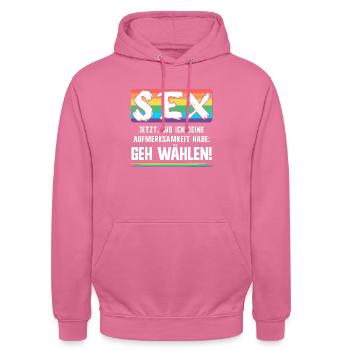Wahl 2025 Spruch Bundestagswahl Aufruf Geh wählen! - Unisex Hoodie - Pink - Vorne - Alina (178cm) & Michal (187cm)