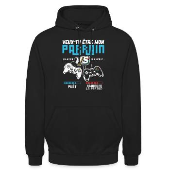 Veux-tu être Mon Parrain Gamer Parrain Geek - Sweat-shirt à capuche unisexe - noir - Devant - Alina (178cm) & Michal (187cm)
