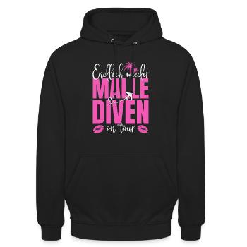 Mallorca Spruch Endlich Wieder Malle Diven On Tour - Unisex Hoodie - Schwarz - Vorne - Alina (178cm) & Michal (187cm)
