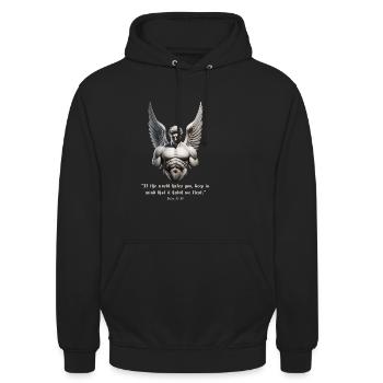John 15:18 Engel – Bibelvers Gym Motivation - Unisex Hoodie - Schwarz - Vorne - Alina (178cm) & Michal (187cm)