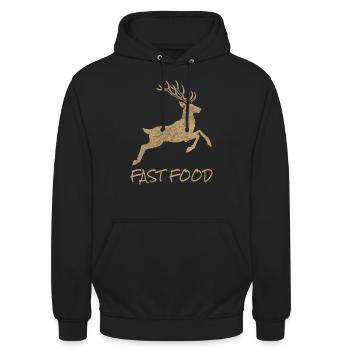 Fast Food flüchtender Hirsch Wildwechsel - Unisex Hoodie - Schwarz - Vorne - Alina (178cm) & Michal (187cm)