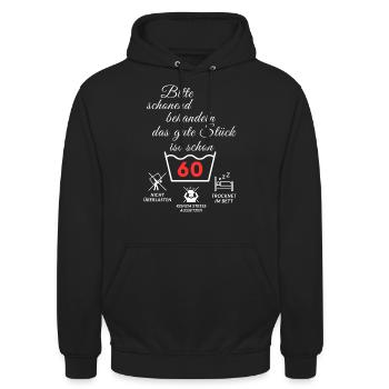 Bitte schonend behandeln - das gute Stück ist 60 - Unisex Hoodie - Schwarz - Vorne - Alina (178cm) & Michal (187cm)