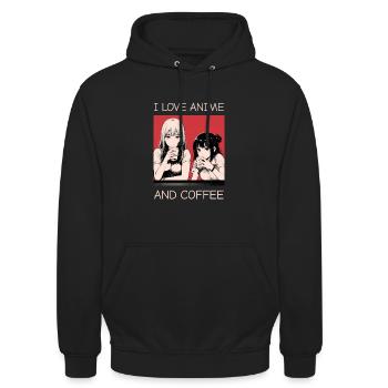 Ich liebe Anime und Kaffee - Manga Stil. - Unisex Hoodie - Schwarz - Vorne - Alina (178cm) & Michal (187cm)