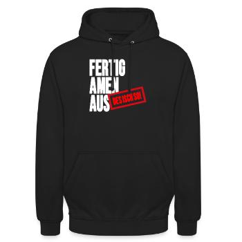 Großbuchstaben Stempelbanner - Fertig Amen Aus - Unisex Hoodie - Schwarz - Vorne - Alina (178cm) & Michal (187cm)