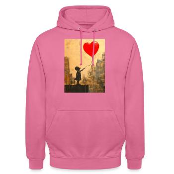 Banksy Style - Kind mit Herz-Ballon - Liebe - Unisex Hoodie - Pink - Vorne - Alina (178cm) & Michal (187cm)
