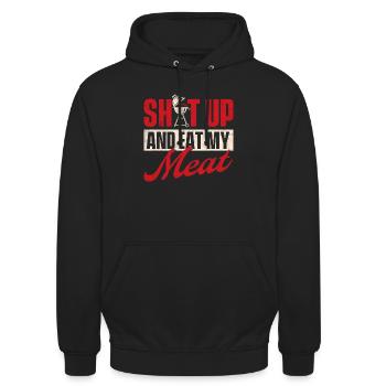 Halt die Klappe und iss mein Fleisch - Lustiges BBQ Pitmaster Geschenk - Unisex Hoodie - Schwarz - Vorne - Alina (178cm) & Michal (187cm)
