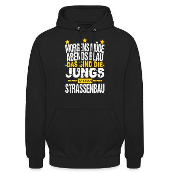 Morgens müde Abends blau Strassenbauer Geschenk - Unisex Hoodie - Schwarz - Vorne - Alina (178cm) & Michal (187cm)