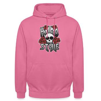 HARD STYLE in Blumen eingebetteter Schädel - Unisex Hoodie - Pink - Vorne - Alina (178cm) & Michal (187cm)