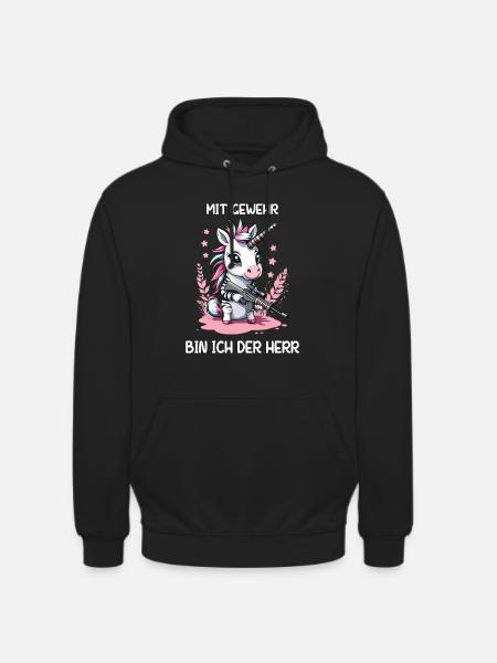 Einhorn mit Jagdgewehr - Unisex Hoodie - Schwarz