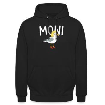 witziges Möwen Design Moni, Moin Persiflage - Unisex Hoodie - Schwarz - Vorne - Alina (178cm) & Michal (187cm)