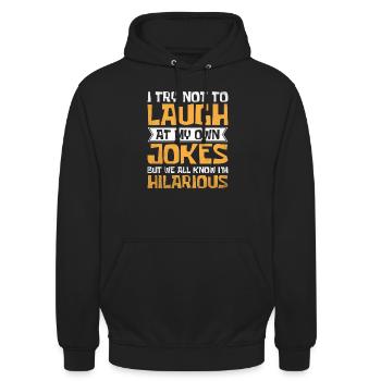 Ich versuche, nicht über meine eigenen Witze zu lachen, aber wir wissen, dass ich - Unisex Hoodie - Schwarz - Vorne - Alina (178cm) & Michal (187cm)