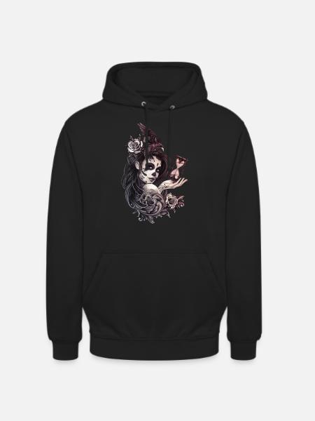 Tattoo stijl suiker schedel meisje met vogel - Uniseks hoodie - zwart