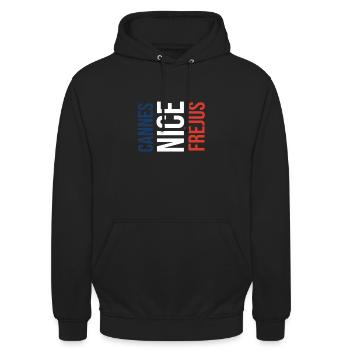 Fréjus Souvenir Andenken Mitbringsel - Unisex Hoodie - Schwarz - Vorne - Alina (178cm) & Michal (187cm)