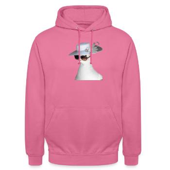 Eine elegante weiße Taube mit Brille - Unisex Hoodie - Pink - Vorne - Alina (178cm) & Michal (187cm)