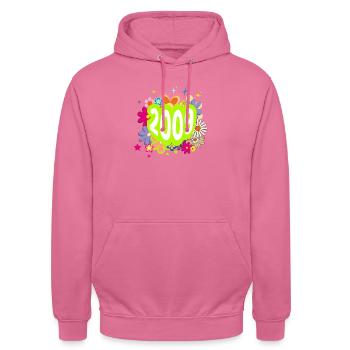 Jahr 2009 Jubiläum Groovy Floral - Unisex Hoodie - Pink - Vorne - Alina (178cm) & Michal (187cm)
