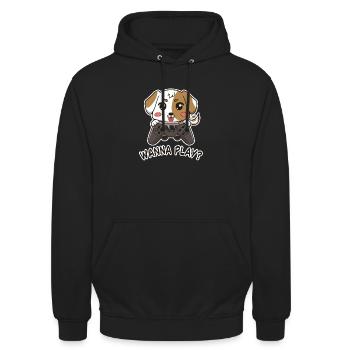 Süßer kleiner Comicstil Welpe mit Gamepad - Unisex Hoodie - Schwarz - Vorne - Alina (178cm) & Michal (187cm)