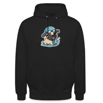 Mops-Schwimmparty: Planschspaß mit Welpen! - Unisex Hoodie - Schwarz - Vorne - Alina (178cm) & Michal (187cm)