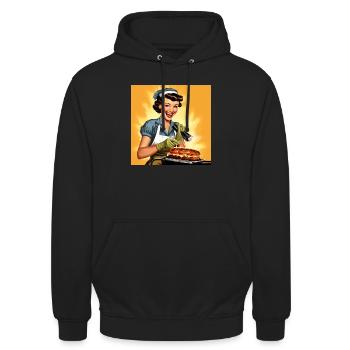 pin-up girl de style années 50 habillée en ouvrière industrielle - Sweat-shirt à capuche unisexe - noir - Devant - Alina (178cm) & Michal (187cm)