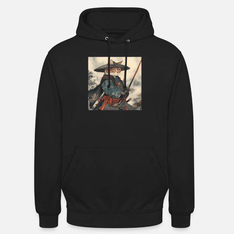 Kot Samuraj Japonia Ukiyo-E - Bluza z kapturem typu unisex - czarny