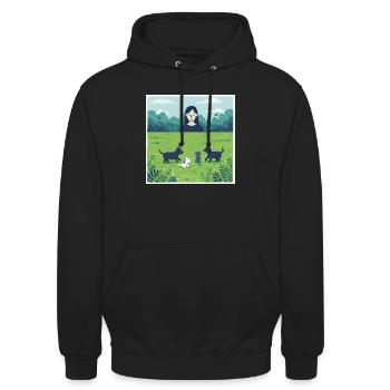 Mädchen mit Hund und Schaf in grüner Natur - Unisex Hoodie - Schwarz - Vorne - Alina (178cm) & Michal (187cm)
