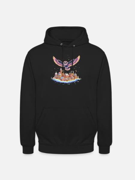 Pastel owl flight over cloud city - Unisex Hoodie - black