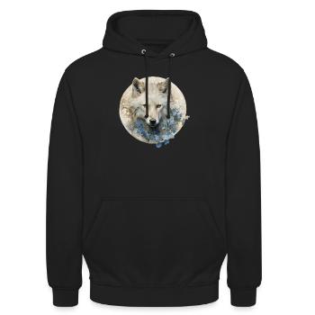 White Wolf with Art Deco Flowers - Unisex Hoodie - black - Front - Alina (178cm) & Michal (187cm)