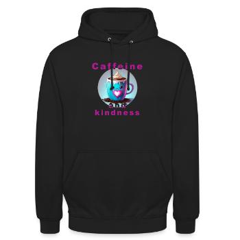 Liebevolle Kaffeetasse mit Botschaft "Koffein und Verwandtschaft" - Unisex Hoodie - Schwarz - Vorne - Alina (178cm) & Michal (187cm)
