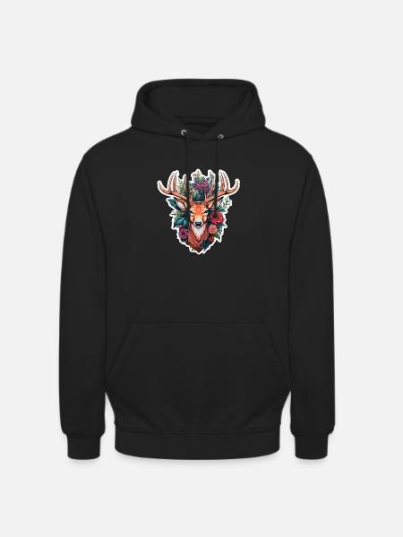 Hirschkopf mit Blumen - Unisex Hoodie - Schwarz