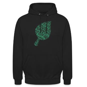 Die Kraft der Kräuter – Blattförmige Wortwolke - Unisex Hoodie - Schwarz - Vorne - Alina (178cm) & Michal (187cm)