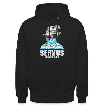 Volksfest Bayrisch Lustig Servus ihr Spacken - Unisex Hoodie - Schwarz - Vorne - Alina (178cm) & Michal (187cm)