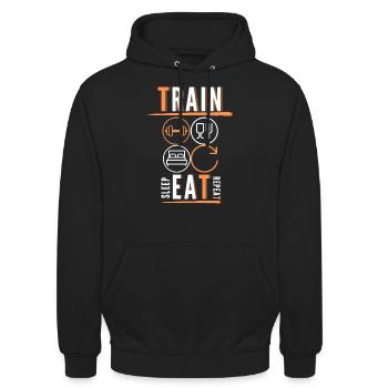 Trainingsmotto Trainieren Essen Schlafen - Unisex Hoodie - Schwarz - Vorne - Alina (178cm) & Michal (187cm)
