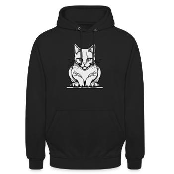 Einzeilige sitzende Katze - Unisex Hoodie - Schwarz - Vorne - Alina (178cm) & Michal (187cm)