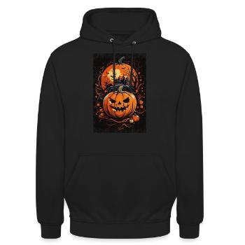 Gruseliges Halloween Design - Geisterhaus und Kürb - Unisex Hoodie - Schwarz - Vorne - Alina (178cm) & Michal (187cm)