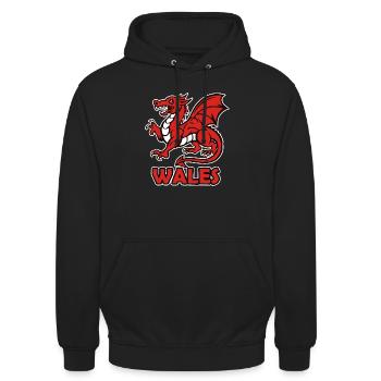 Walisischer roter Drache "WALES" - Unisex Hoodie - Schwarz - Vorne - Alina (178cm) & Michal (187cm)