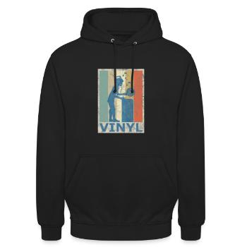 Retro Vintage Style DJ Deejee Vinyl Schallplatte - Unisex Hoodie - Schwarz - Vorne - Alina (178cm) & Michal (187cm)