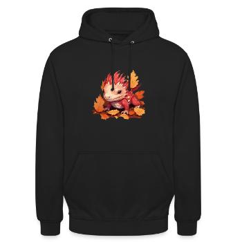 Herbst-Axolotl: Bunte Blätter und Drachen-Motiv in - Unisex Hoodie - Schwarz - Vorne - Alina (178cm) & Michal (187cm)