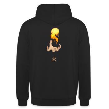 Kampf der Elemente: Feuer (dunkel) - Unisex Hoodie - Schwarz - Hinten - Michal (187cm)