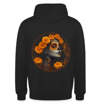 Gelbes Catrina-Schädel-Design - Dia de los Muertos - Unisex Hoodie - Schwarz - Hinten - Michal (187cm)