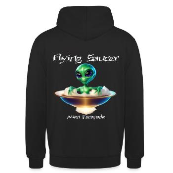 Fliegende Untertasse mit Alien - Unisex Hoodie - Schwarz - Hinten - Michal (187cm)