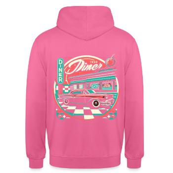 Klassischer 1950er Jahre Diner und Auto - Unisex Hoodie - Pink - Hinten - Michal (187cm)
