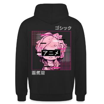 Glitch Anime Chibi Japanische Vaporwellen -Ästheti - Unisex Hoodie - Schwarz - Hinten - Michal (187cm)