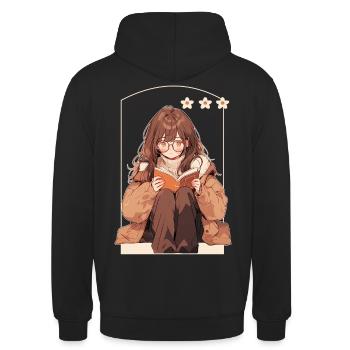 Kawaii Anime Girl In Glasses Book Reading Cozy Cot - Unisex Hoodie - Schwarz - Hinten - Michal (187cm)