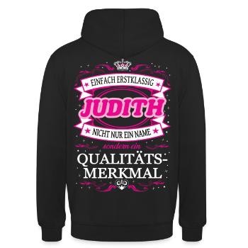 Qualitätsmerkmal Judith einfach Erstklassig - Unisex Hoodie - Schwarz - Hinten - Michal (187cm)