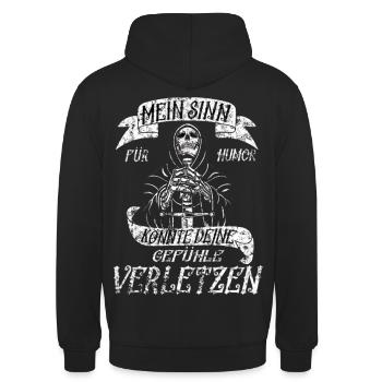 Slechte humor is de beste humor! - Uniseks hoodie - zwart - Achter - Michal (187cm)