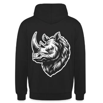 Wollnashorn Design – Cool, weich und originell - Unisex Hoodie - Schwarz - Hinten - Michal (187cm)